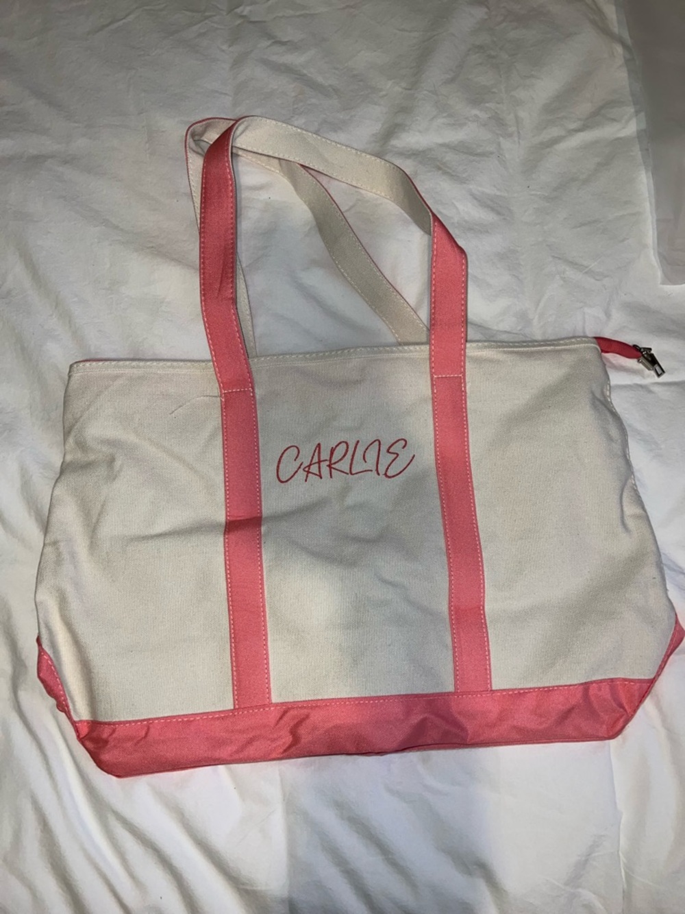 Personalized Canvas Tote Bag in Pink and Cream